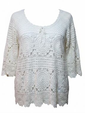 ROAMAN’S | Ivory Crochet Medallion Tunic Top Boho Cotton Ramie Scallop Trim | 1X